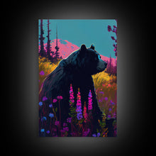 Carregar imagem no visualizador da galeria, Cute brown bear stopping to smell the flowers, animal prints, framed canvas print, colorful unique wall art
