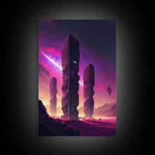 Load image into Gallery viewer, The Monoliths, Scifi art, retro synthwave style alien planet art, framed canvas print
