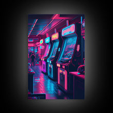 Cargar imagen en el visor de la galería, Game Room Decor, Framed Canvas Print, Synthwave Arcade, Boys Room, Gamer Gift, Gaming Wall Art, Video Game Posters, Teen Room
