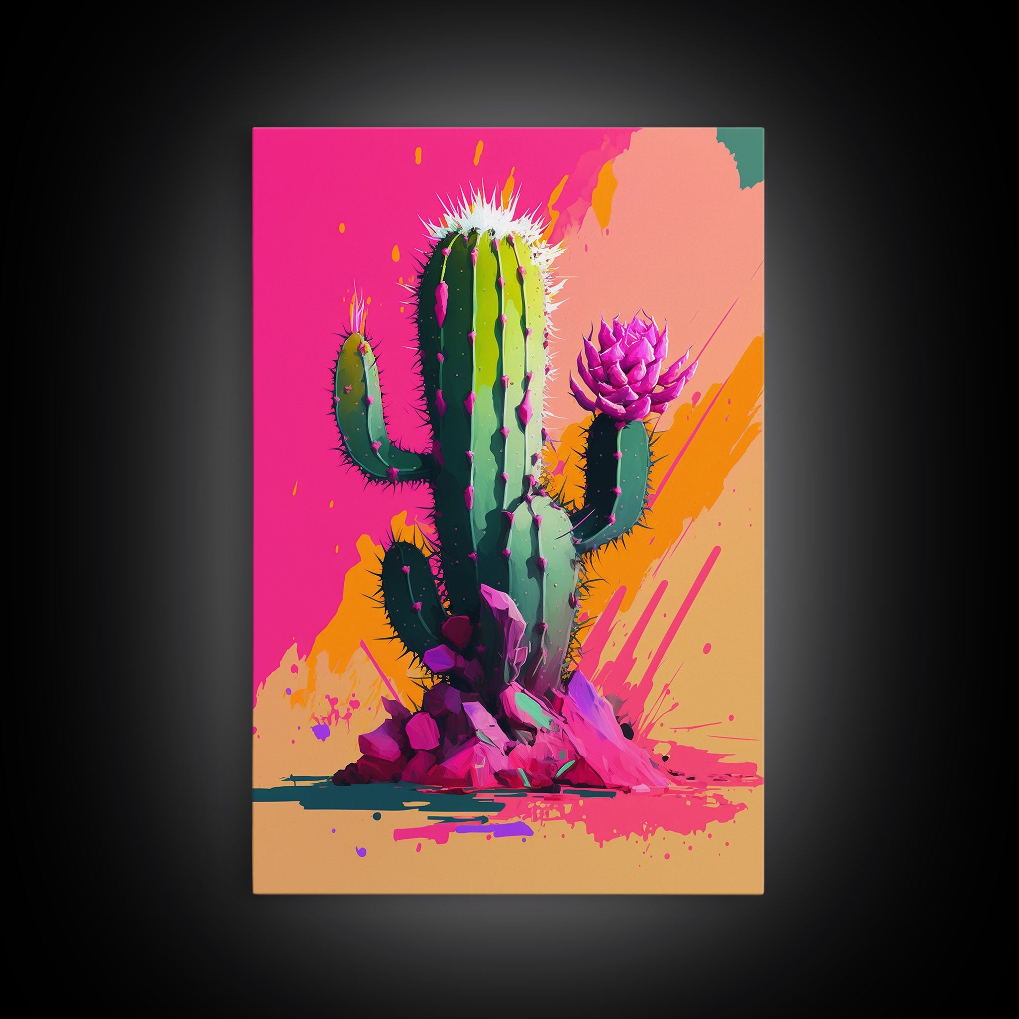 Pop Art Mexico Cactus Art, Synthwave Pink Art, Framed Canvas Print, So