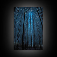 Cargar imagen en el visor de la galería, Birch Tree Forest At Night, Starry Night Sky, Framed Canvas Print, Boho Minimalist Farmhouse Decor, Primitive Art
