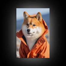 Load image into Gallery viewer, Shiba Inu Wall Print, Dog Wall Art, Animal Art, Orange Jacket, Funny Wall Art, Framed Wall Art, Framed Canvas, Wall Print, Wall Canvas
