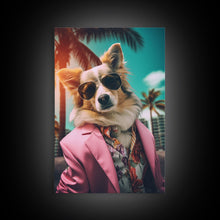 Load image into Gallery viewer, Corgi Wall Print, Dog Wall Art, Dog Sunglasses, Pink Suit, Floral Shirt, Funny Art, Framed Wall Art, Framed Canvas, Wall Print, Wall Canvas
