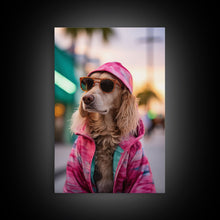 Load image into Gallery viewer, Cocker Spaniel In Sunglasses Pink Shirt Wall Print, Dog Portrait, Dog Art Print, Framed Wall Art, Framed Canvas, Wall Print, Wall Canvas
