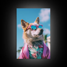 Load image into Gallery viewer, Corgi In Pink Suit Sunglasses Wall Print, Animal Print, Dog Portrait, Dog Art Print, Framed Wall Art, Framed Canvas, Wall Print, Wall Canvas
