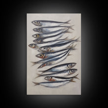 Cargar imagen en el visor de la galería, Sardines Art Print - Framed Canvas Art - Oil Painting Still Life Print - French Kitchen Art - Restaurant Art - Boho Farmhouse Decor

