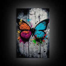 Load image into Gallery viewer, Graffiti Butterfly Art, Framed Canvas Print, Large Wall Art, Contemporary Punk Art, Butterflies, Pop Art, Paint Splatter Art
