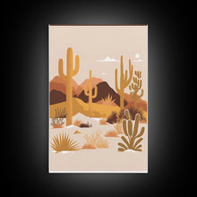 Load image into Gallery viewer, Boho Style Desert Art, Framed Canvas Print, Pueblo Style Cactus and Desert Landscape Art

