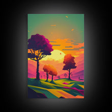 Load image into Gallery viewer, Retro Pop Art Landscape Art At Sunset, Framed Canvas Print, Outrun Style Trees and Sunset, Living Room Art
