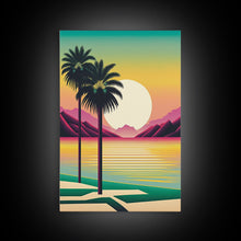 Load image into Gallery viewer, Framed Canvas Print - Art Deco Sunset Scene - Mountains, Palmtrees &amp; Beaches - Retro Style Art - Living Room Decor

