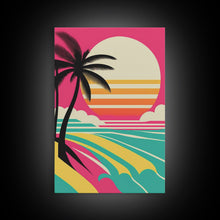 Load image into Gallery viewer, Framed Art Deco Canvas Print - Sunset Beach Scene, Minimalist Palms, Retro Style - Pink and Turquoise Vaporwave Art
