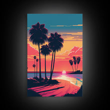 Load image into Gallery viewer, Framed Canvas Print - Art Deco Sunset, Beaches, Minimalist Palm Trees, Retro Synthwave, Vaporwave, 80s Vibes, Gamer Art, Bar Decor
