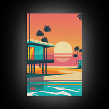 Carregar imagem no visualizador da galeria, Art Deco Sunset Beach Canvas Print, Minimalist Retro Palmtree Vibe, Vaporwave Art, 80s Retro Vibes, Miami Inspired Art

