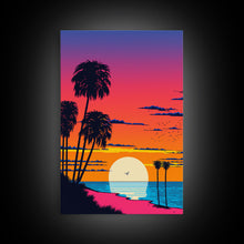 Load image into Gallery viewer, Framed Canvas Print - Art Deco Sunset, Beaches, Minimalist, Palmtrees, Retro Style, Synthwave, Vaporwave, 80s Style Decor, Palme Trees
