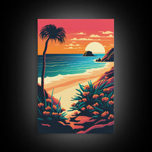 Load image into Gallery viewer, Framed Canvas Print | Art Deco Sunset, Beach, Palm Trees, Retro Style, Synthwave, Vaporwave, Island Vibes, Minimalist Beach Art

