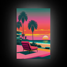Load image into Gallery viewer, Framed Canvas Print – Art Deco Sunset Beach, Minimalist, Retro, Palm Trees, Synthwave, Vaporwave, Island Vibes, Lounging, Synthwave Deco
