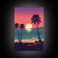 Load image into Gallery viewer, Framed Canvas Print - Art Deco Sunset, Palm Trees, Synthwave Vibes, Beach Decor, Vaporwave Pink Art, Miami Vibes

