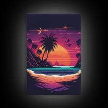 Load image into Gallery viewer, Framed Canvas Print - Pop Art Style Beach at Sunset with Palm Trees - Retro Style - Living Room / Office / Bedroom Wall Art
