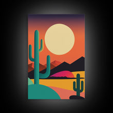 Load image into Gallery viewer, Pop Art Framed Canvas Print of Desert Landscape at Sunset, Outrun Style Sunset Full Moon Art, Unique 80s Vibe Retro Art, Art Deco
