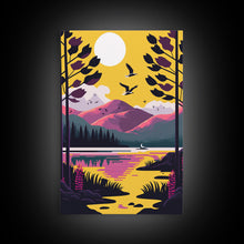 Load image into Gallery viewer, Colorful Pop Art Picture of a Mountain and Forest Landscape, Framed Canvas Print, Surrealist High Contrast Cel Shaded Landscape Art
