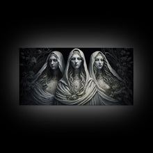 Load image into Gallery viewer, The Norns, Norse Mythology, Weavers of Fate, Framed Canvas Print,  Urðr, Verðandi, and Skuld, Black and White Norse Fantasy Art
