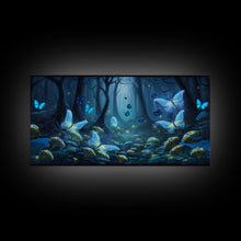 Load image into Gallery viewer, Magical Enchanted Fairy Forest, Fantasy Art, Framed Canvas Print, Bioluminescent Butterflies in an Enchanted Forest, Glowing Art
