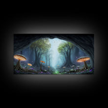 Load image into Gallery viewer, Magical Enchanted Mushroom Forest, Fantasy Art, Framed Canvas Print, Bioluminescent Butterflies in an Enchanted Forest, Glowing Art
