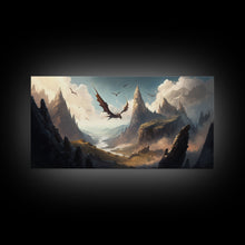 Load image into Gallery viewer, Dragons in Flight Over a Valley, Fantasy Art, Framed Canvas Print, Medieval Fantasy Art, Fire breathing dragons
