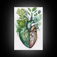 Cargar imagen en el visor de la galería, Florapunk Heart, Anatomical Heart Painting Canvas Print, Watercolor Heart, Human Heart, Pond Heart, Marsh Painting, Waterlily, Lily pads
