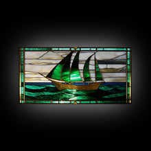 Load image into Gallery viewer, Emerald Green and Gold Art Deco Sail Boat, Framed Canvas Print, Retro MCM Style Wall Art, Midcentury Modern, Vintage Style, Stained Glass
