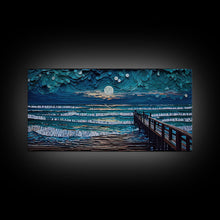 Carregar imagem no visualizador da galeria, Full Moon Over Beach &amp; Ocean Waves - Framed Canvas Print - Lighthouse and Beach Art - Lakehouse Art - Beach House - Living Room Decor
