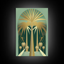 Load image into Gallery viewer, Boho Modern Frank Lloyd Wright-inspired Art Deco Canvas Print, Emerald Green and Gold Palm Tree, wall decor, wall art original, MCM Art
