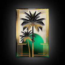 Load image into Gallery viewer, Boho Modern Frank Lloyd Wright-inspired Art Deco Canvas Print, Emerald Green and Gold Palm Tree, wall decor, wall art original, MCM Art
