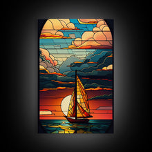 Carregar imagem no visualizador da galeria, Art Deco Wall Art, Sailboat and Sunset Framed Canvas Print, Art Deco / MCM Wall Art, Stained Glass Reflections
