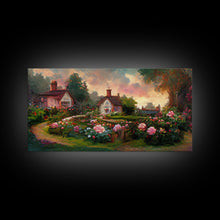 Load image into Gallery viewer, English cottage with rose garden, canvas print, cute English countryside wall art
