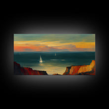 Carregar imagem no visualizador da galeria, Canvas print of sail boats on the ocean, sailing at sunset, cool lakehouse art, living room wall art, sailboats, watercolor
