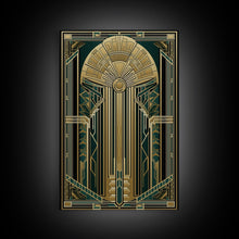 Carregar imagem no visualizador da galeria, Art Deco Wall art | Framed Canvas Print | Art Deco | Gold &amp; green art | Beautiful art | Midcentury Modern | Office decor | Stained glass art
