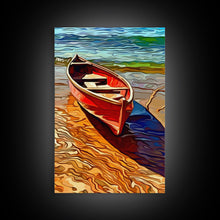 Load image into Gallery viewer, Abandoned Canoe On The Lake, Framed Canvas Print, Oil Painting Style, Abstract Wall Art, Lakehouse Wall Decor, Boho Art
