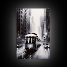 Carregar imagem no visualizador da galeria, Brooklyn Street Car Trolley, Framed Canvas Print, Retro Charcoal Drawing of NYC in The Rain

