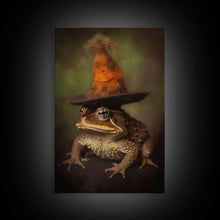 Load image into Gallery viewer, Frog Wall Art, Frog Wearing Witch Hat, Funny, Animal Wall Art, Nature, Modern Print, Wall Decor, Canvas Print, Wall Art, Framed Canvas
