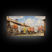 Load image into Gallery viewer, Watercolor Laundry In Village Wall Decor, Rural Wall Decor, Laundry Room, Panoramic Wall Decor, Canvas Print, Wall Art, Framed Canvas Art
