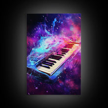 Cargar imagen en el visor de la galería, Cosmic Keyboard, Galaxy Music Art Framed Canvas Print, Electric Keyboard, Instrument Art, Studio Wall Decor
