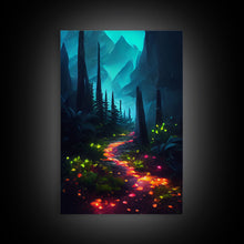 Load image into Gallery viewer, Luminescent magical forest canvas print, glowing trail though the trees, fantasy art
