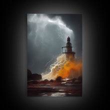 Load image into Gallery viewer, Lighthouse Oil Painting Canvas Print, Light house landscape print, Lighthouse in a storm with lightning and thunder, waves crashing
