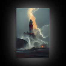 Load image into Gallery viewer, Lighthouse Oil Painting Canvas Print, Lightning striking a lighthouse during a dark stormy night, gloomy wall art

