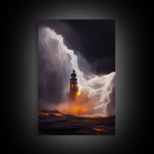 Load image into Gallery viewer, Lightning striking a burning lighthouse, canvas print, oil painting style, dark and gloomy wall art
