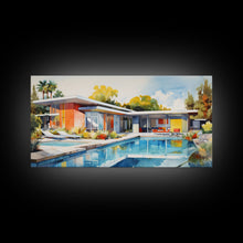 Load image into Gallery viewer, Architecture Art, Midcentury Modern, House Portrait, Watercolor House, Panoramic Art, Wall Art, Canvas Art, Landscape Art, Realtor Gift
