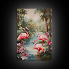Cargar imagen en el visor de la galería, Flamingo Art Print, Tropical Wall Art, Palm Trees, Canvas Print, Wall Art, Vertical Print, Modern House Art, Gift For Boss, Bedroom Prints
