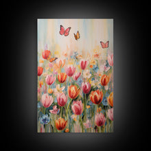 Load image into Gallery viewer, Tulip Field Wall Art, Flower Wall Print, Colorful Art, Butterfly Art, Canvas Print, Wall Art, Vertical Print, Birthday Gift, House Wall Art
