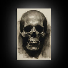 Cargar imagen en el visor de la galería, Charcoal Drawing, Gothic Art Print, Human Skull Decor, Canvas Print, Wall Art, Vertical Art, Entryway Prints, Wall Hanging, Birthday Gift
